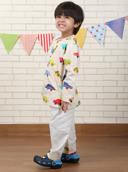 Polka Tots Vehicles print Full sleeves Nightwear Kurta pyjama set - Yellow