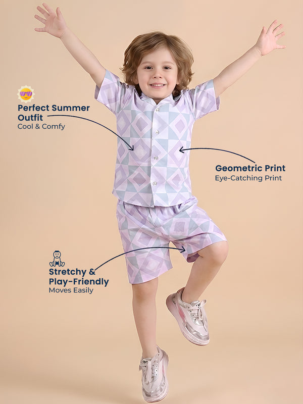 Polka Tots Half Sleeves Geometric print Co-ord Shorts - Blue