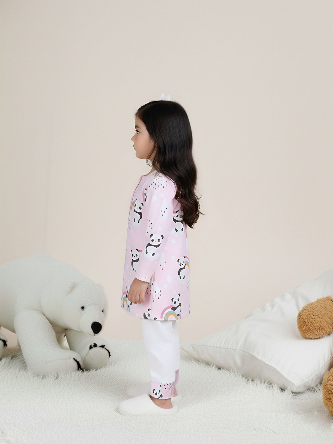 Polka Tots Panda Rainbow Print Full sleeves Nightwear Kurta pyjama set - Pink