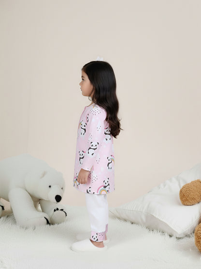 Polka Tots Panda Rainbow Print Full sleeves Nightwear Kurta pyjama set - Pink