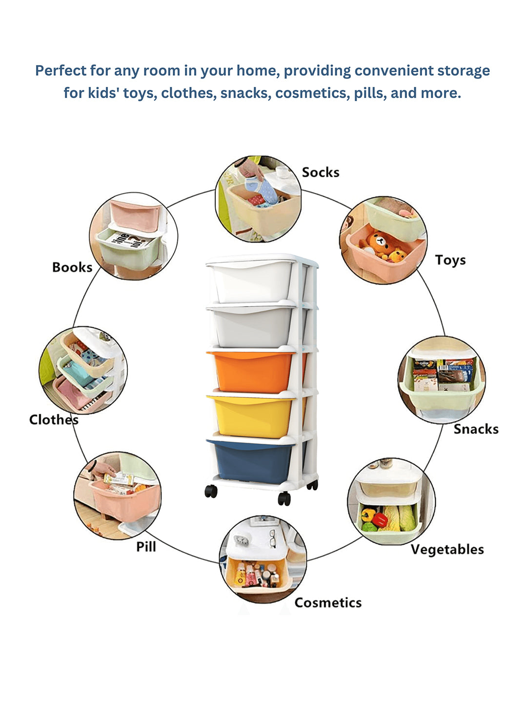 White storage tower with colorful bins labeled for various items on a white background.