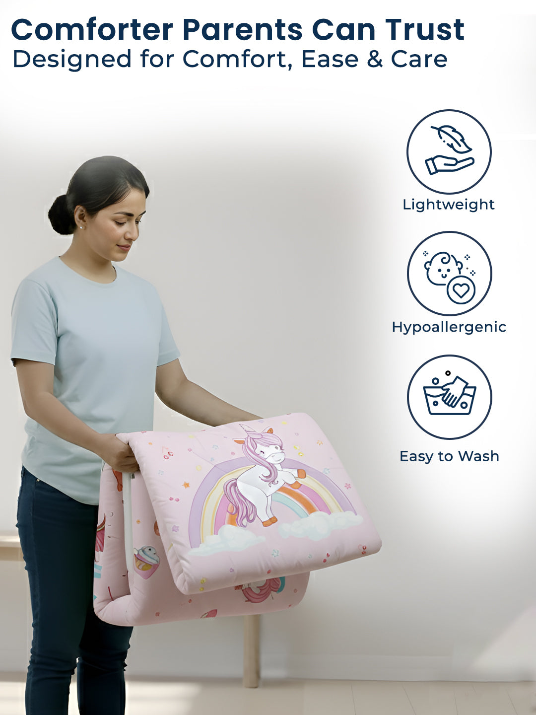 Polka Tots Kids Comforter Baby Blanket and Reversible Quilt 2 Way Design  ( Unicorn, 54 x 35 Inch )