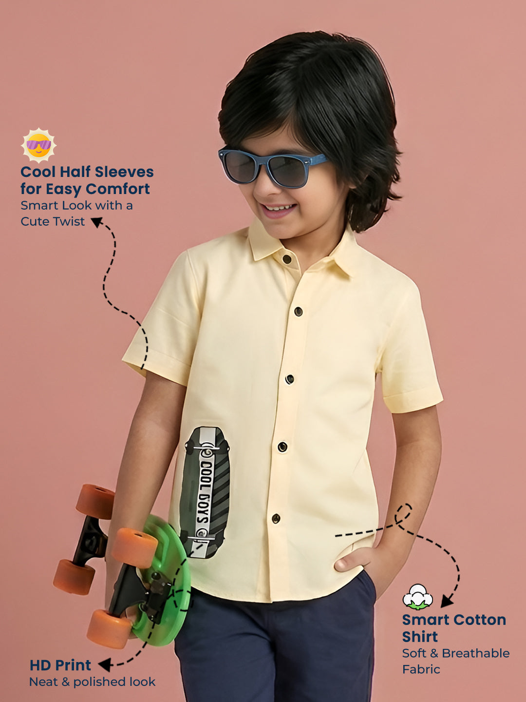 Polka Tots Cotton Regular Fit Half Sleeve Cool Boys HD Print Shirt - Yellow