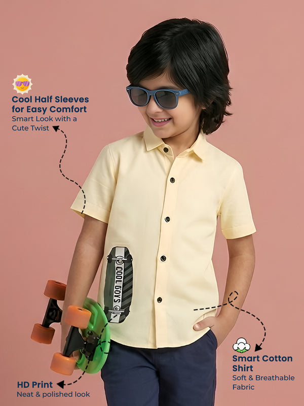 Polka Tots Cotton Regular Fit Half Sleeve Cool Boys HD Print Shirt - Yellow