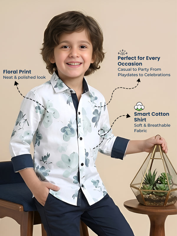 Polka Tots Full Sleeve Shirt Blue Floral Print - White