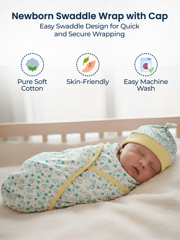 Polka Tots Heart Print Swaddle wrap with Cap - Blue