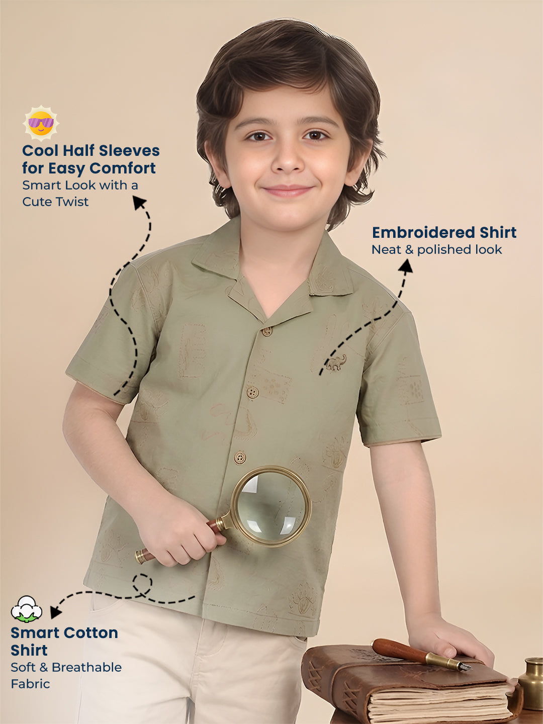 Polka Tots Half Sleeves Embroidered Shirt - Green