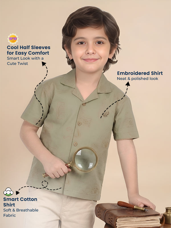 Polka Tots Half Sleeves Embroidered Shirt - Green