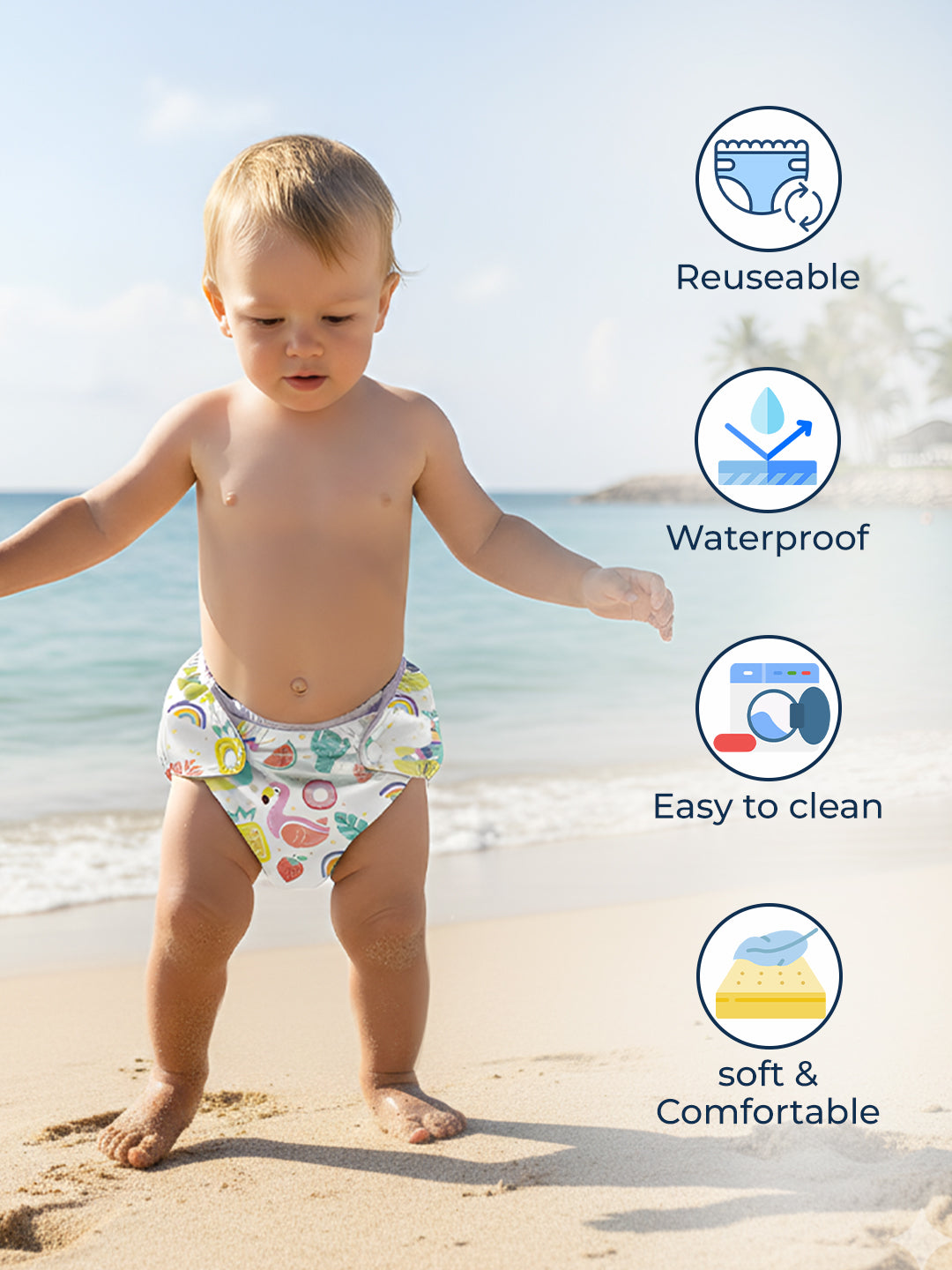 Child wearing a reusable diaper on a beach with features highlighted.