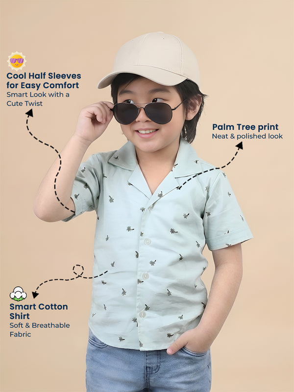 Polka Tots Half Sleeves Palm Tree print Shirt - Light Green