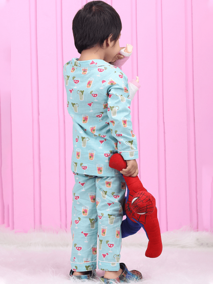 Polka Tots Full sleeves Juice print Night Suit - Blue