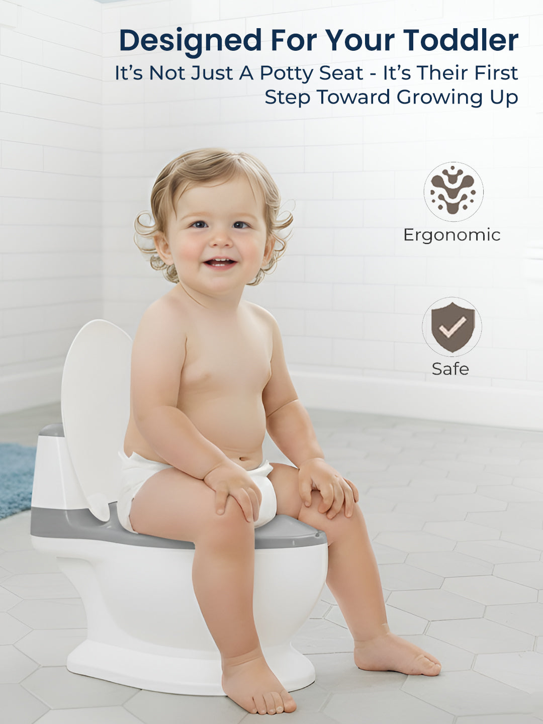 Child sitting on a potty seat with text highlighting its features and benefits.