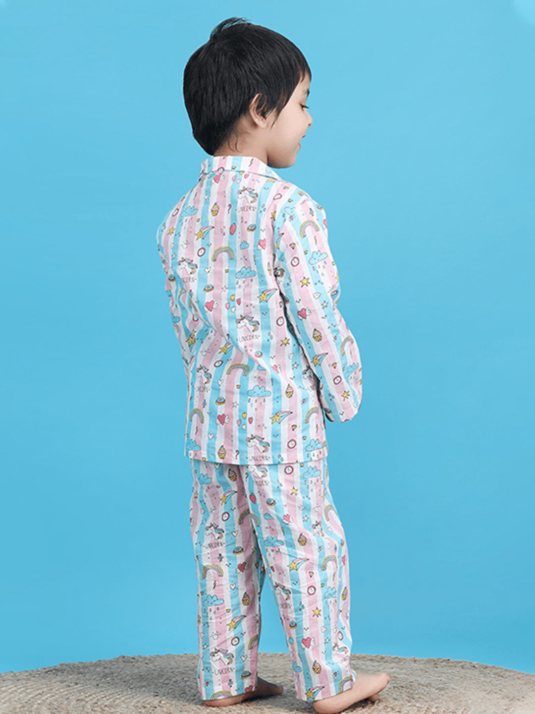 Polka Tots Full sleeves Unicorn print Stripes Night suit - Pink