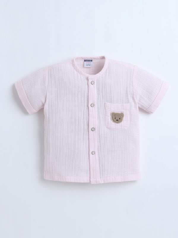 Polka Tots Crinkled Muslin Cotton Bear Pocket Patch Jhabla & Pant Set - Pink