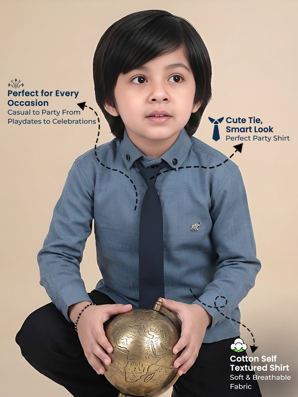 Polka Tots Full Sleeves Cotton self textured Shirt with Tie - Grey