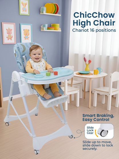 ChicChow high chair with a child sitting in it, in a room with a table and chairs.