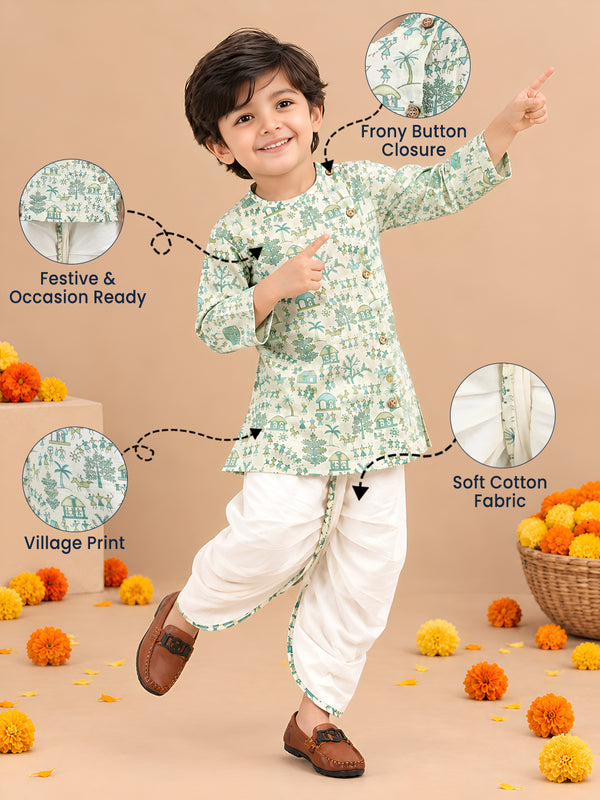 Polka Tots Cotton Full Sleeve Village Print Angrakha Top With Dhoti - Cream