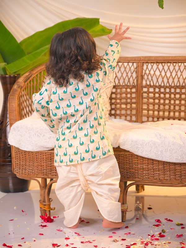 Polka Tots Swan Print Angrakha Top With Dhoti - Green