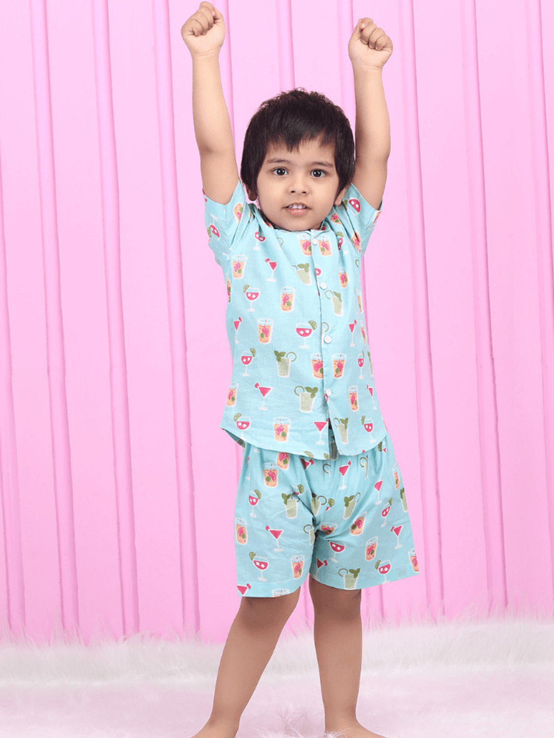 Polka Tots Half Sleeves Juice print Co-ord Shorts - Blue
