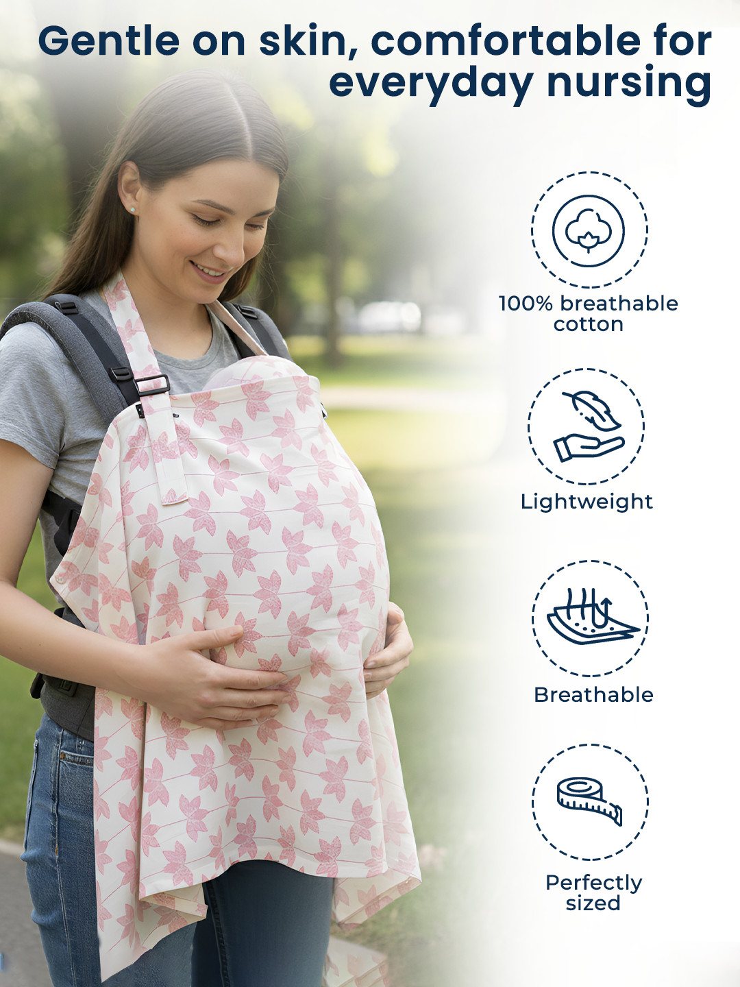 Pregnant woman wearing a pink patterned nursing cover with text highlighting its features.