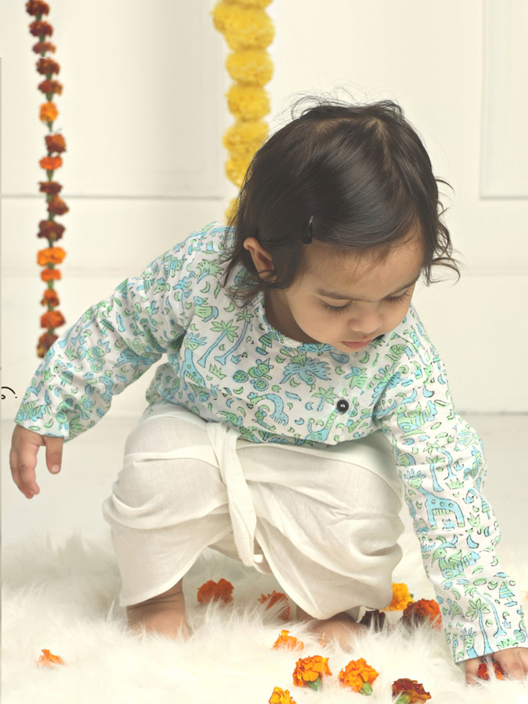 Polka Tots Cotton Full Sleeve Jungle Safari Print Angrakha Top With Dhoti - Blue