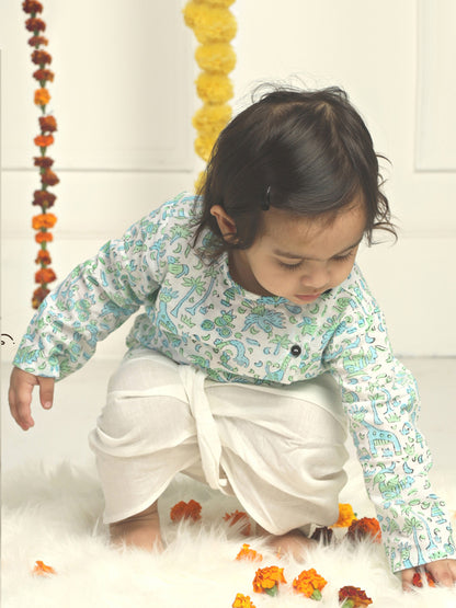 Polka Tots Cotton Full Sleeve Jungle Safari Print Angrakha Top With Dhoti - Blue