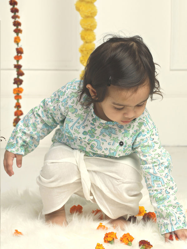 Polka Tots Cotton Full Sleeve Jungle Safari Print Angrakha Top With Dhoti - Blue