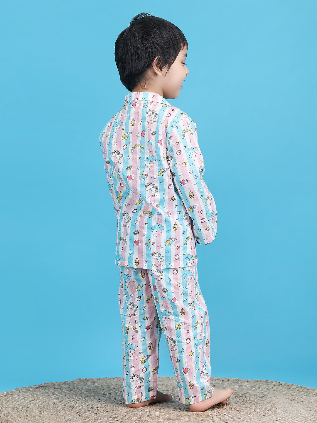 Polka Tots Full sleeves Unicorn print Stripes Night suit - Pink