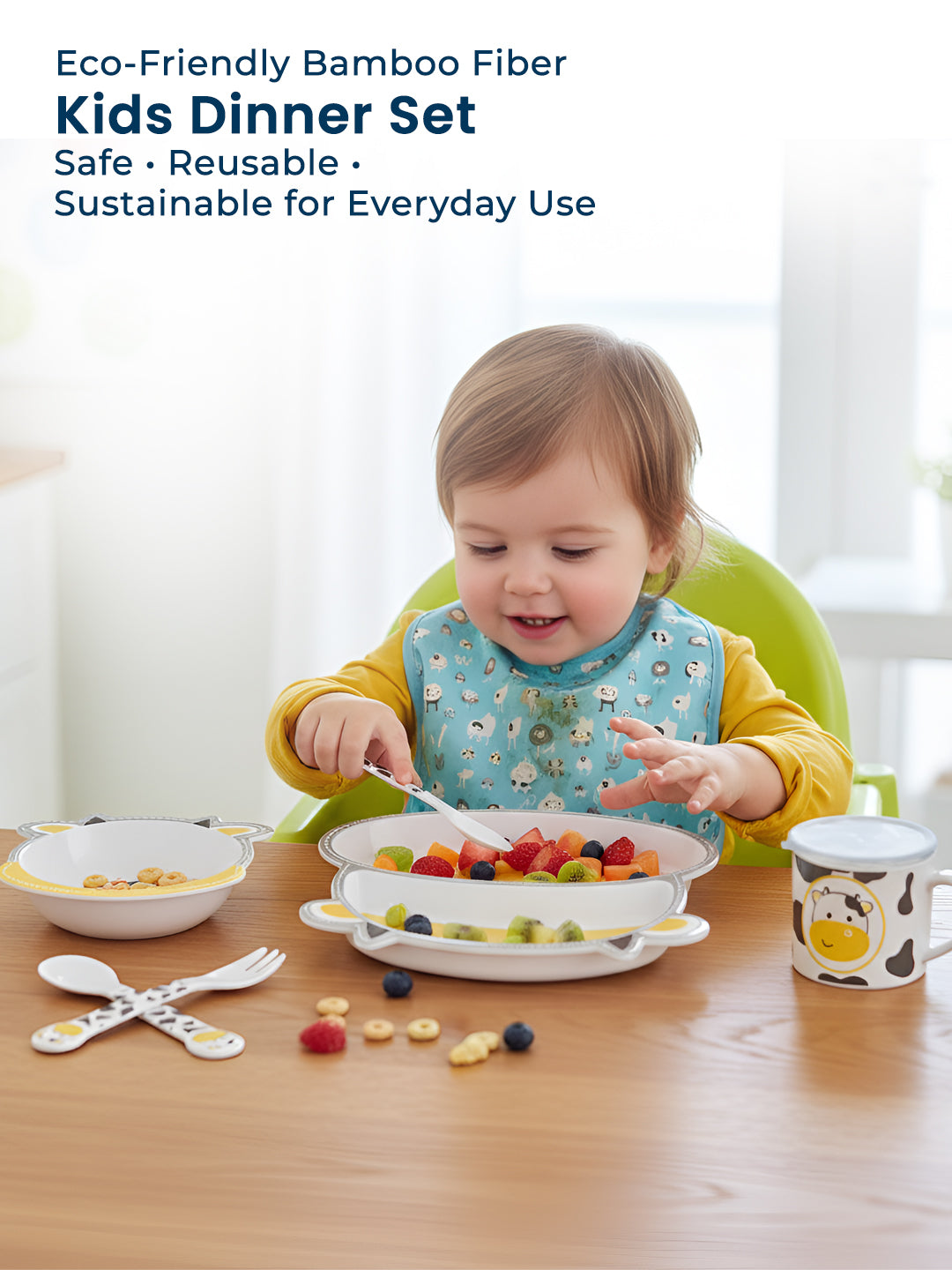 Eco-Friendly 5 Pieces Bamboo Fiber Kids Crockery Set (Cow)