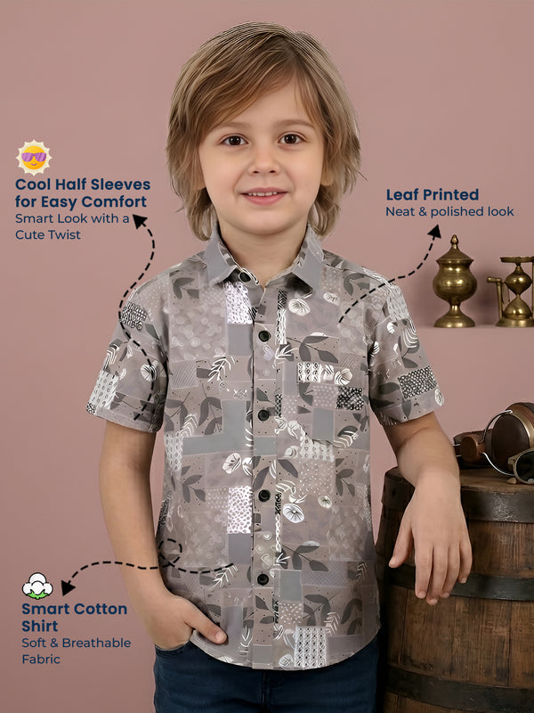 Polka Tots Cotton Regular Fit Half Sleeve Leaf Printed Kids Shirt - Grey
