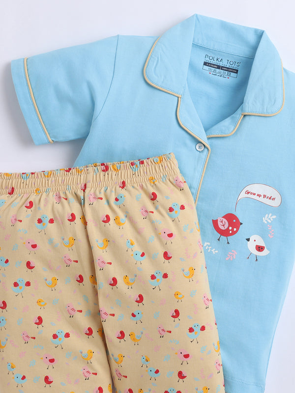 Polka Tots Half sleeves Little Birdy Print Night Suit - Blue