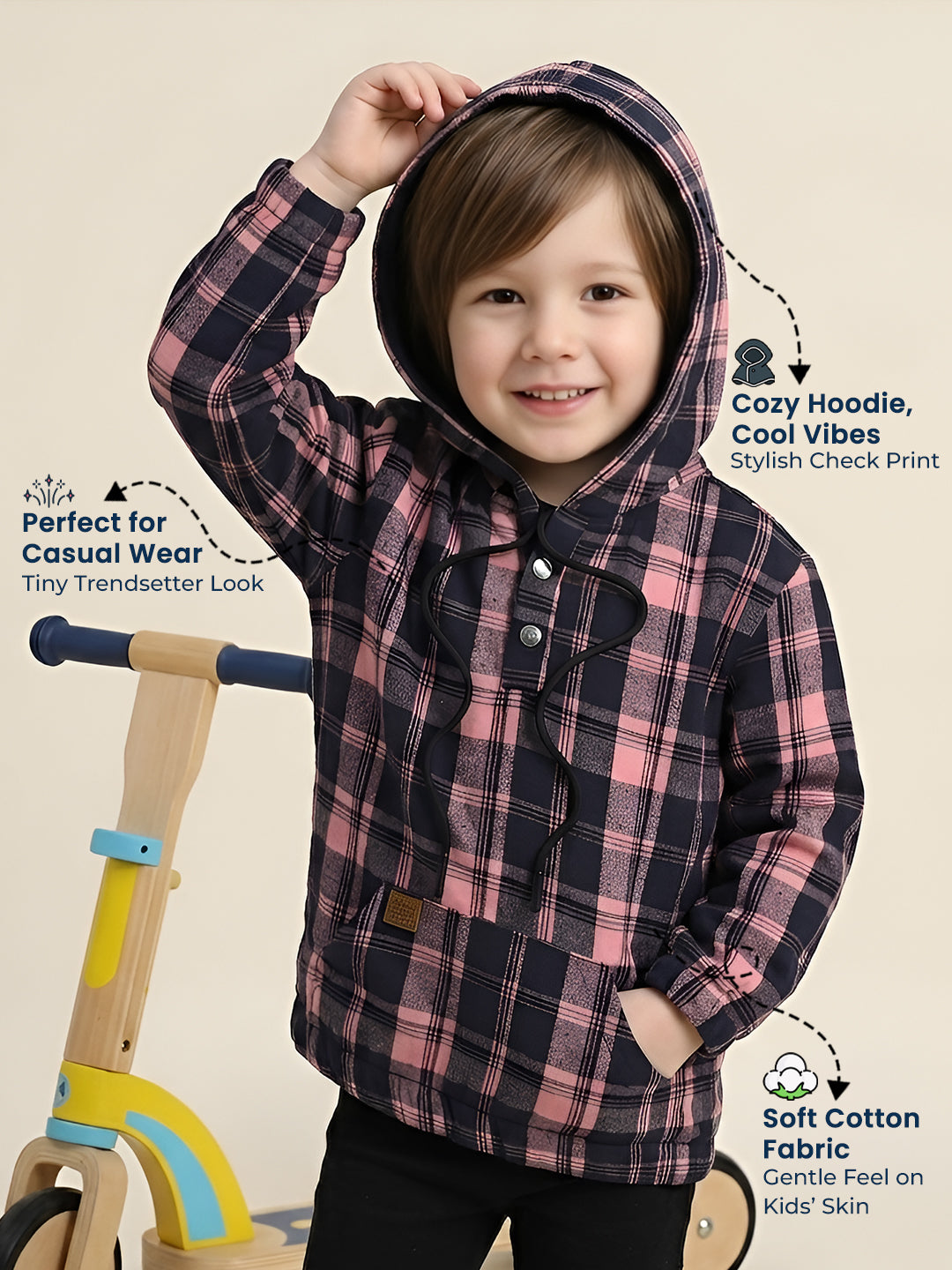Polka Tots Kids Full Sleeves Checked Hoodie Shirt - Black and Orange