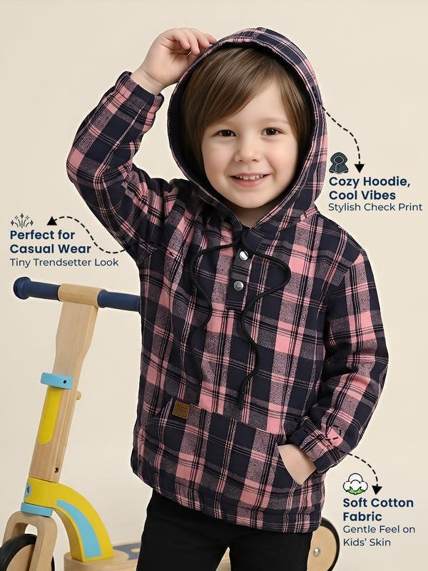 Polka Tots Kids Full Sleeves Checked Hoodie Shirt - Black and Orange