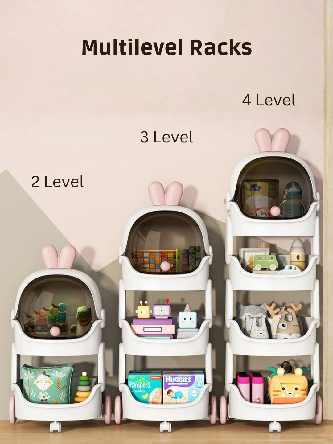 Multilevel storage racks with different levels of shelves on a plain background