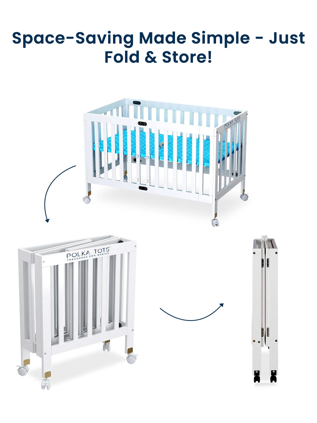 Foldable crib with text 'Space-Saving Made Simple - Just Fold & Store!' and 'Polka Tot' branding.