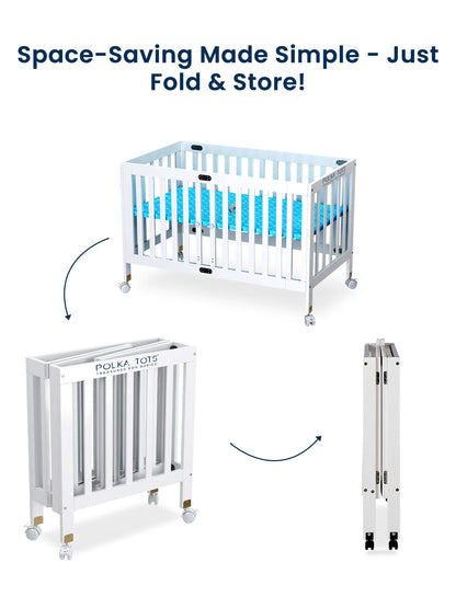 Foldable crib with text 'Space-Saving Made Simple - Just Fold & Store!' and 'Polka Tot' branding.