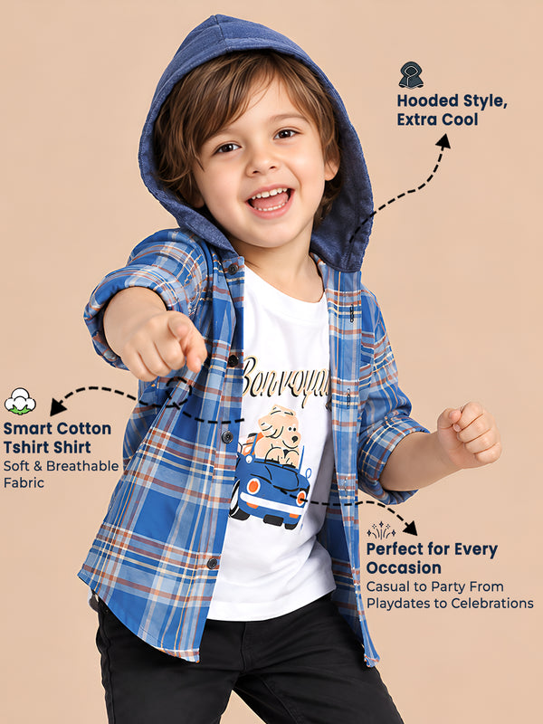 Polka Tots Full Sleeves Bon Voyage print Shirt With Attached Tshirt - Blue