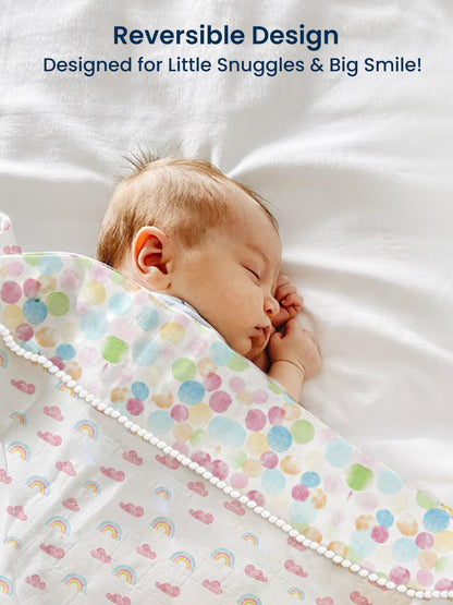 Polka Tots 100% Soft Muslin Cotton 3-Layer Reversible Baby Blanket/Dohar with Pom-Pom Lace - Rainbow Mist & Polka Dots Print