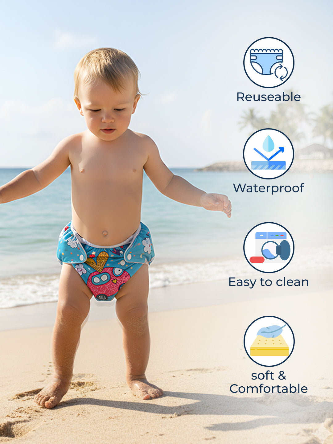 Child wearing a colorful swim diaper on a beach with icons indicating reuse, water resistance, ease of cleaning, and comfort.