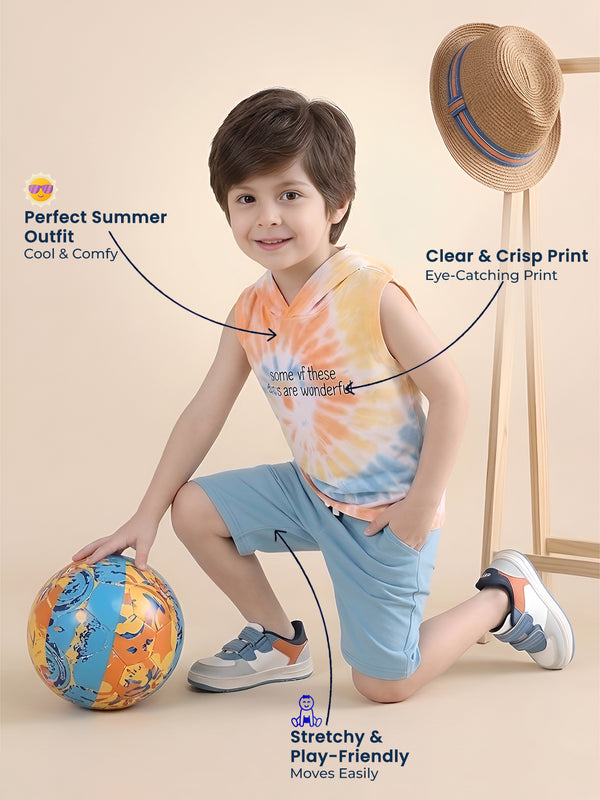Polka Tots Sleeveless Tie dye print T-Shirt Shorts with attached Hoodie - Multicolor