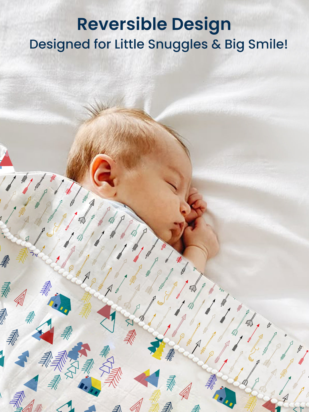 Polka Tots 100% Soft Muslin Cotton 3-Layer Reversible Baby Blanket/Dohar with Pom-Pom Lace - Tiny Town and Cupid Print