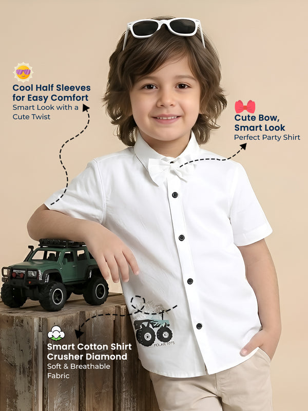 Polka Tots Cotton Regular Fit Little Crusher Diamond Party Wear Kids Shirt With Bow Tie - White