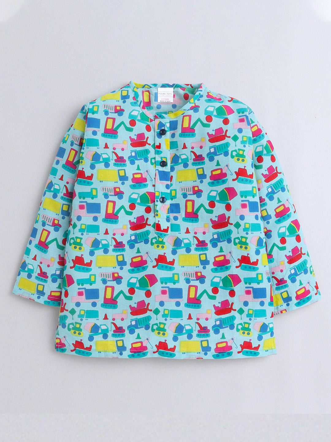 Polka Tots Truck print Full sleeves Nightwear Kurta pyjama set -Green