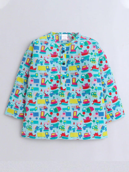 Polka Tots Truck print Full sleeves Nightwear Kurta pyjama set -Green