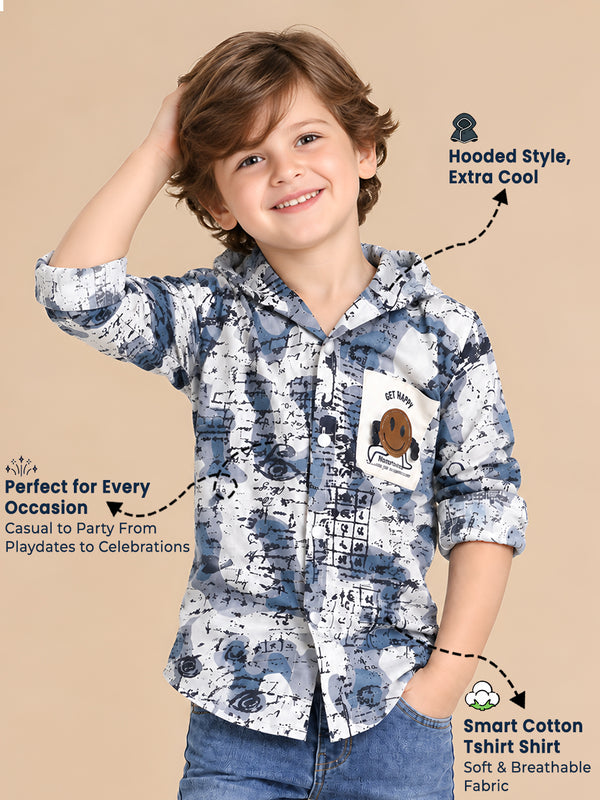 Polka Tots Full Sleeves Abstract Scribble Print Hooded Kids Shirt with Smiley Patch - Blue