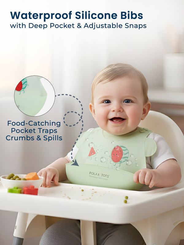 Polka Tots Waterproof Silicone Bibs with Pocket and Adjustable Snaps (Watermelon)