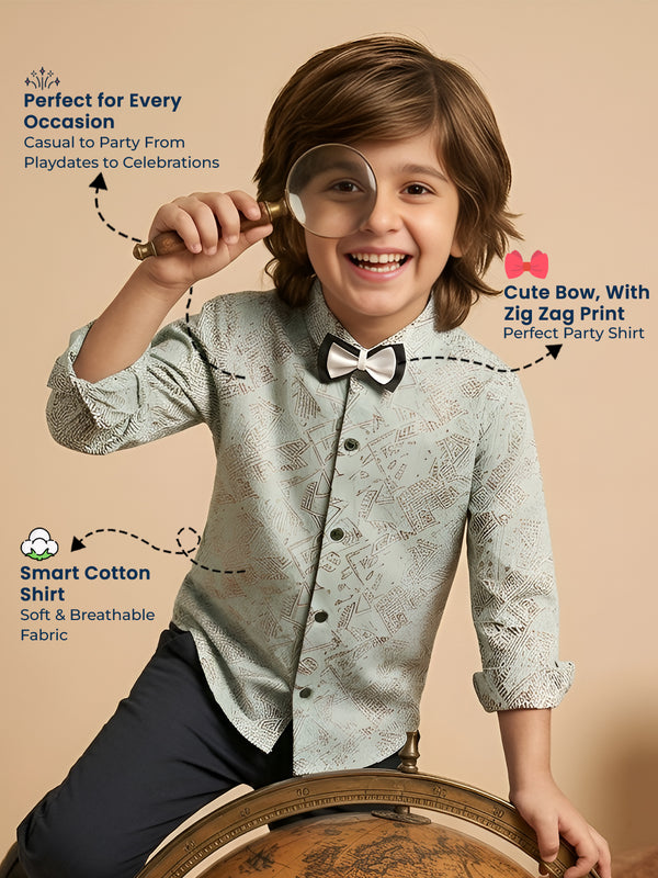 Polka Tots Cotton Regular Fit Full Sleeve Zig Zag Print Dual Bow Tie Shirt - Sky Blue