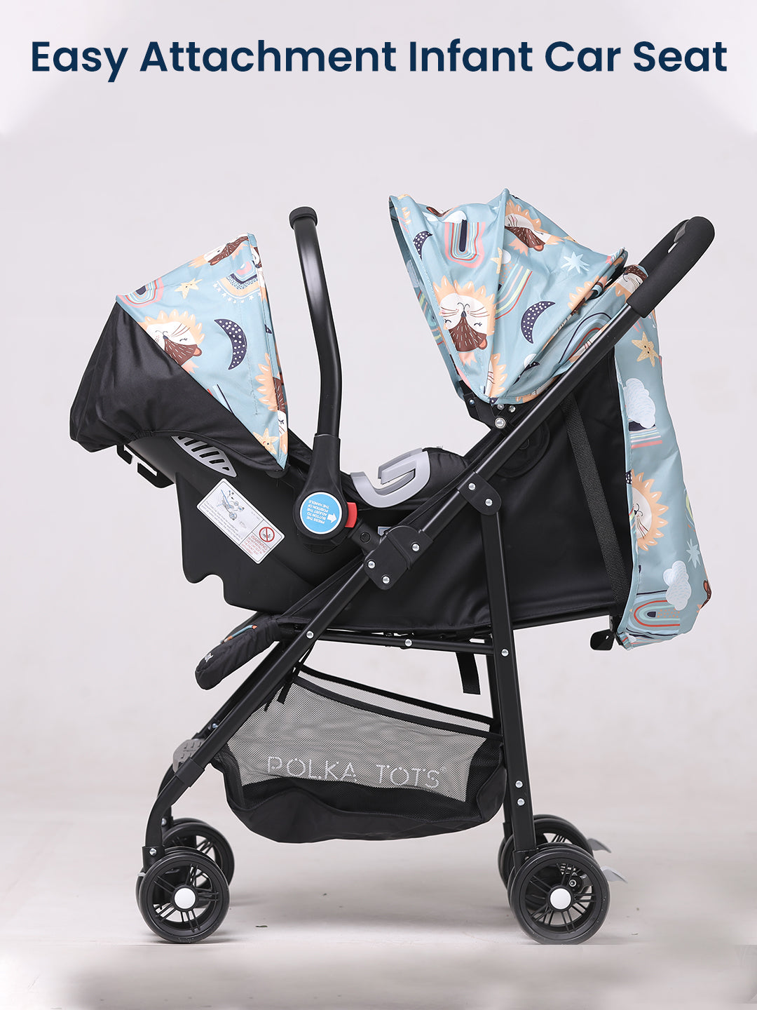 Stroller with patterned infant car seat attachment on a white background