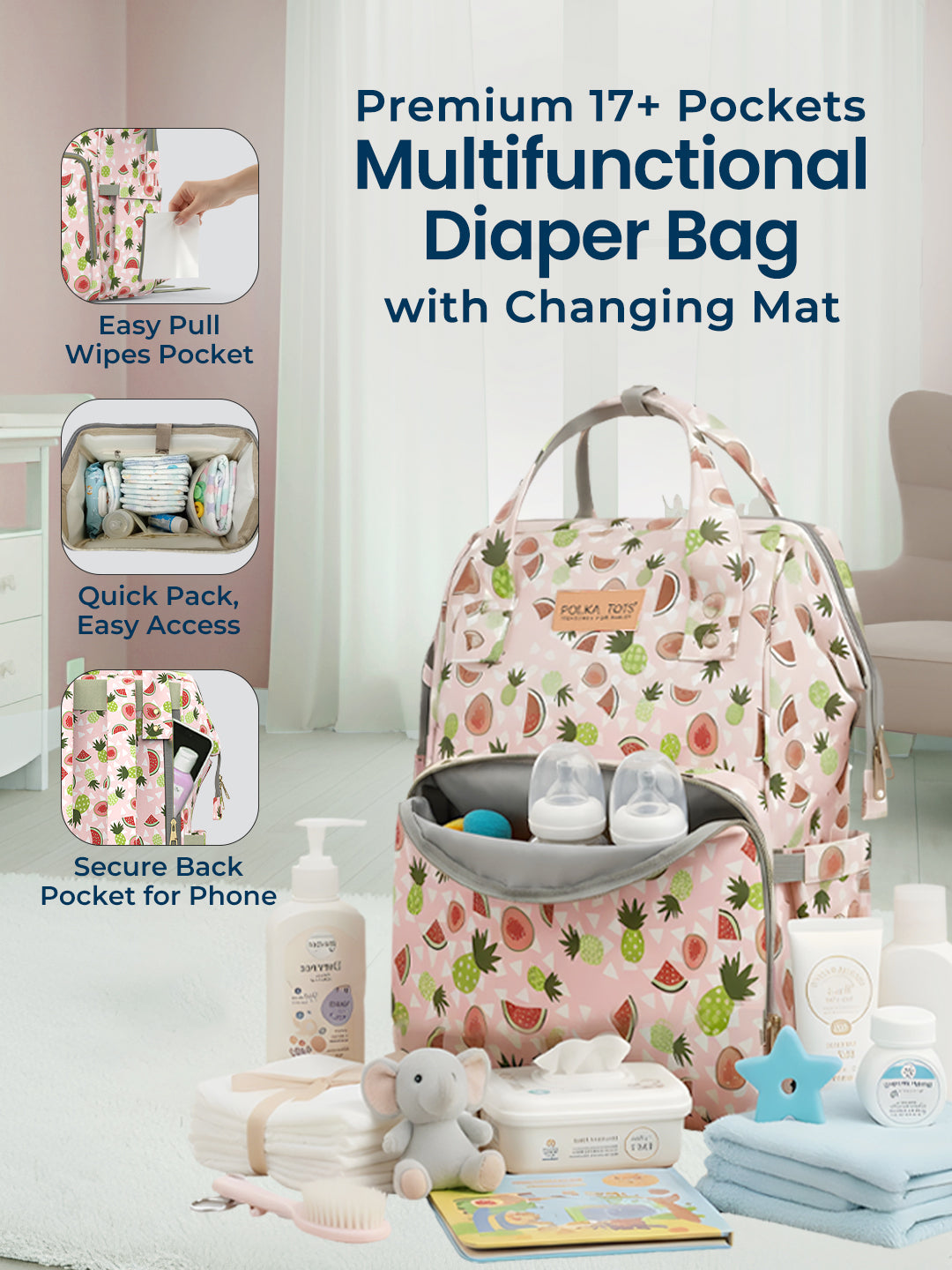Multifunctional diaper bag with fruit pattern, baby items, and text highlighting features.