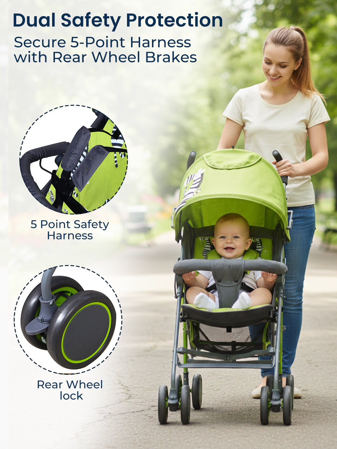 Woman pushing a green stroller with safety features highlighted, including a 5-point safety harness and rear wheel brakes.